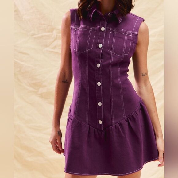 Purple Sleeveless Button-Down Dress White Stitching size Large - Picture 8 of 14